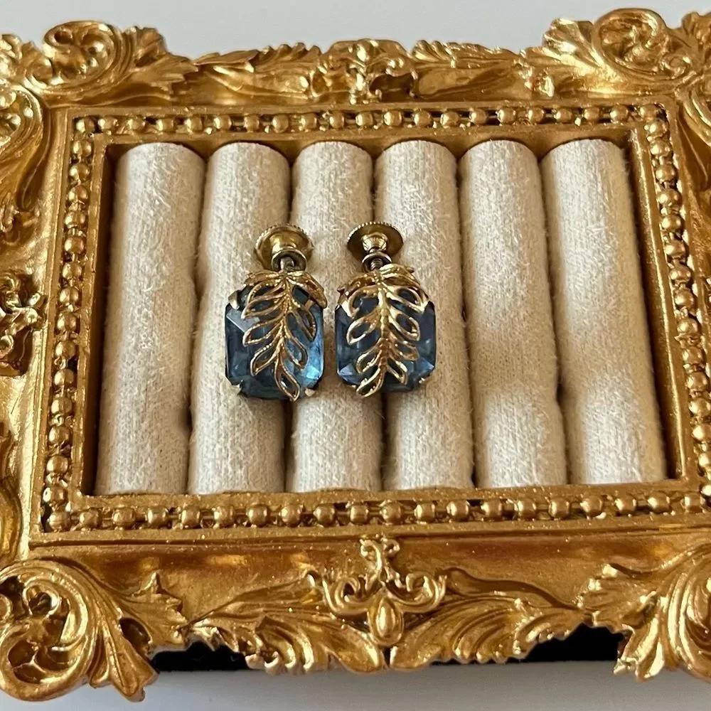 Vintage Coro Blue Crystal Gold Leaf Screwback Earrings